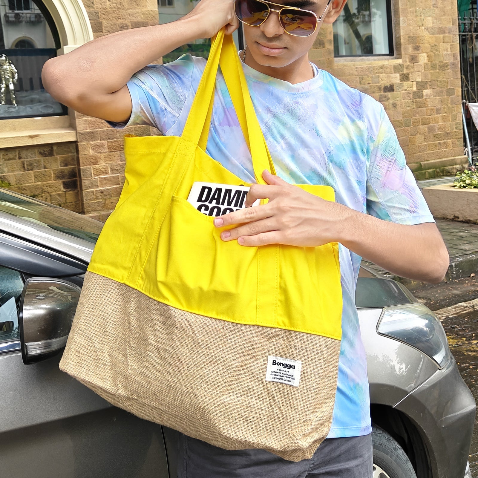 Sunshine color and natural jute two-tone tote bag from Bongga Escape Collection.