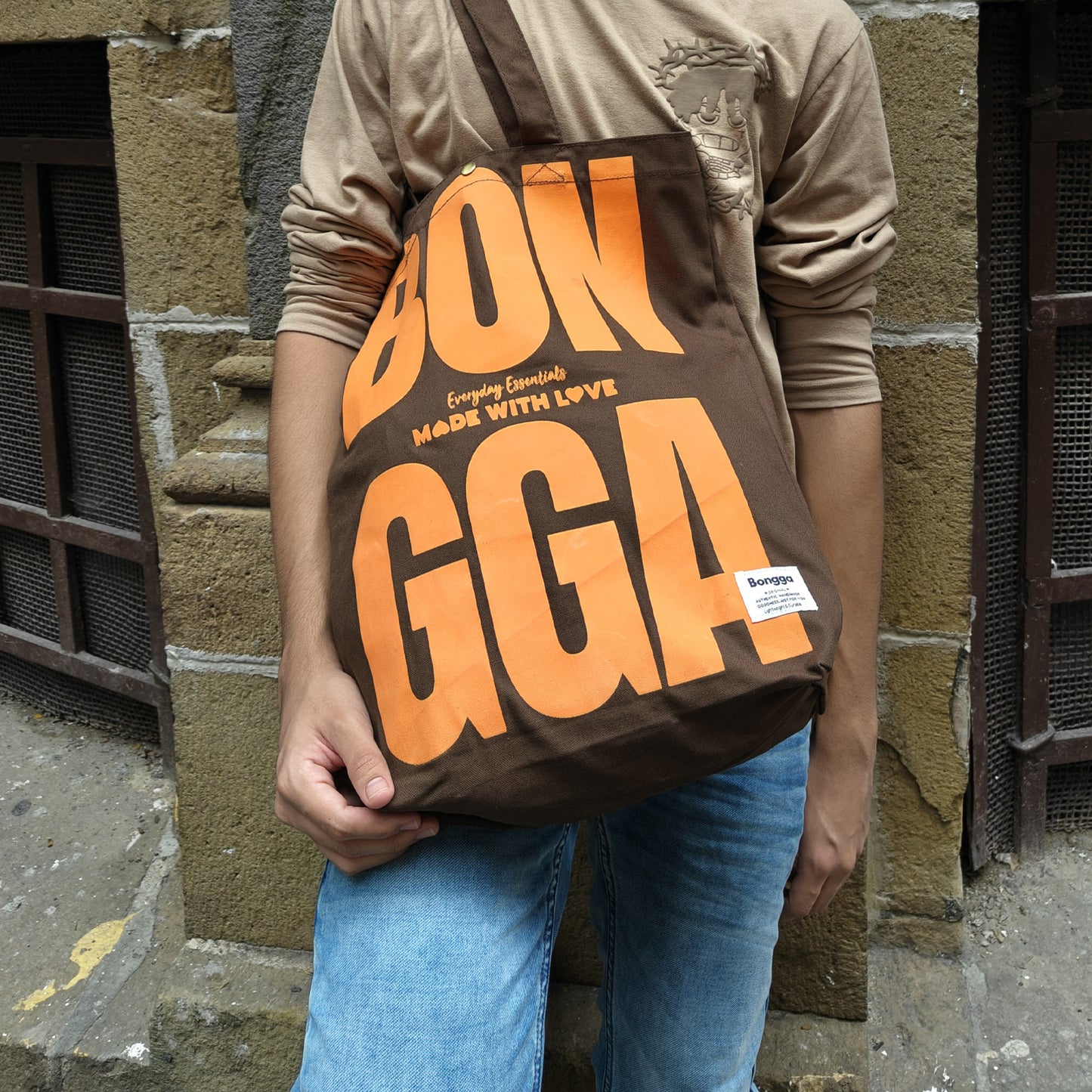 Bold typography canvas tote bag in mocha color from Bongga Everyday Essentials.