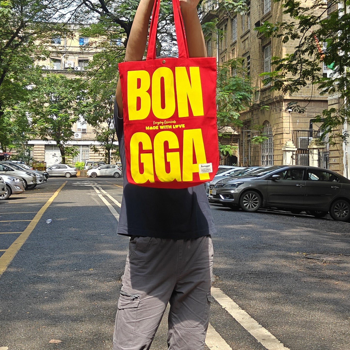 Bold typography canvas tote bag in cranberry color from Bongga Everyday Essentials.