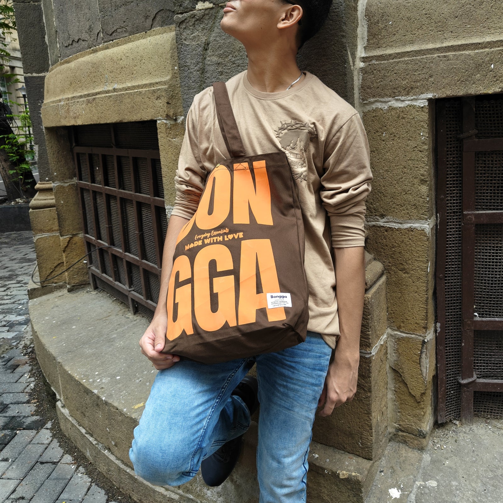 Bold typography canvas tote bag in mocha color from Bongga Everyday Essentials.